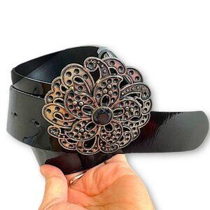 Y2K 90s Antoniazzi Firenze Genuine Patent Leather Belt Ornate Floral Buckle S/M